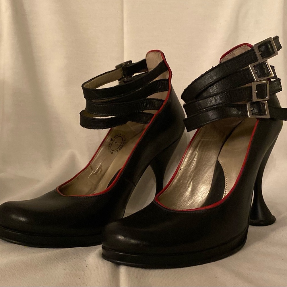 John Fluevog Black Heels with Red Trim